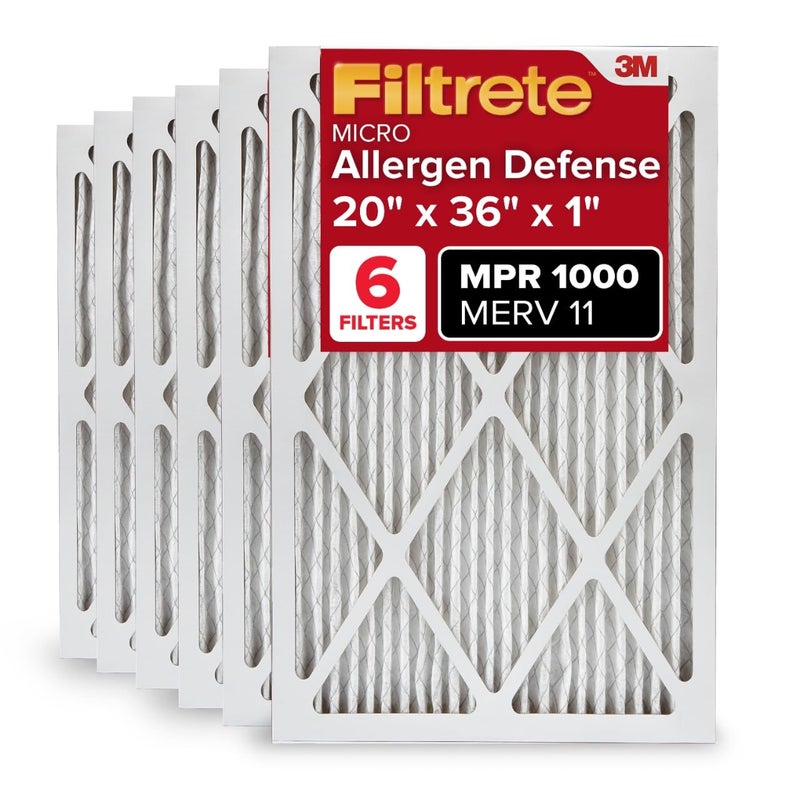 Filtrete 20x36x1 AC Furnace Air Filter, MERV 11, MPR 1000, Micro Allergen Defense, 3-Month Pleated 1-Inch Electrostatic Air Cleaning Filter, 6 Pack (Actual Size 19.81x 35.81x0.81 in) - Image 1